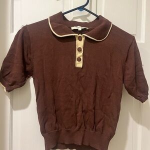 Simple Retro Brown Knit Polo Top with Cream Trim